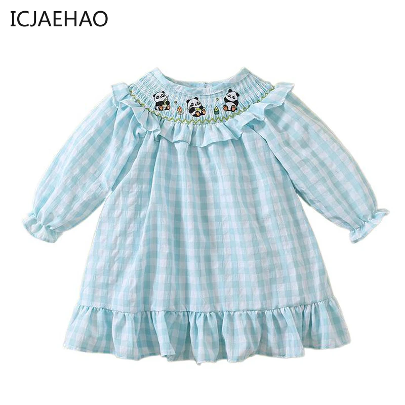 

2023 Boutique Kids Girl Plaid Dress for Spring Autumn Children Cartoon Panda Handmade Embroidery Smocked Collar Dresses Clothing