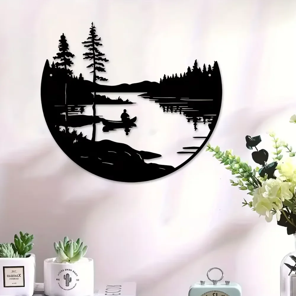 Round Metal Wall Art – Bohemian Lake & Mountain Silhouette Decor 5