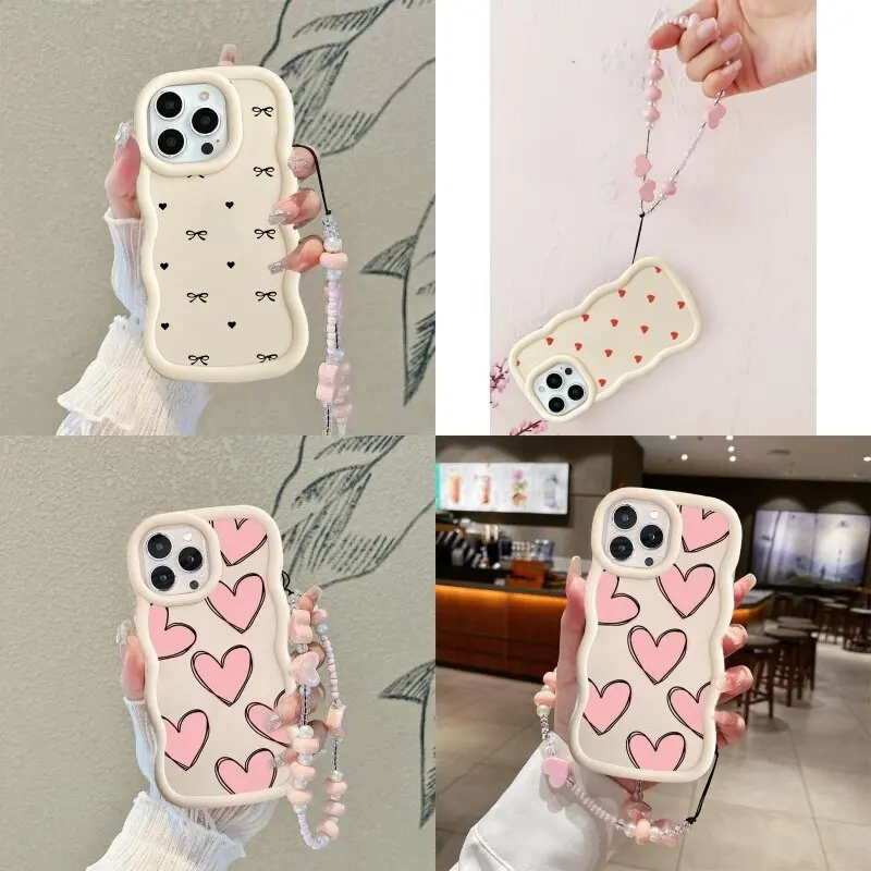 Heart Design Phone Case with Bracelet Chain and Soft Candy Wave Edge