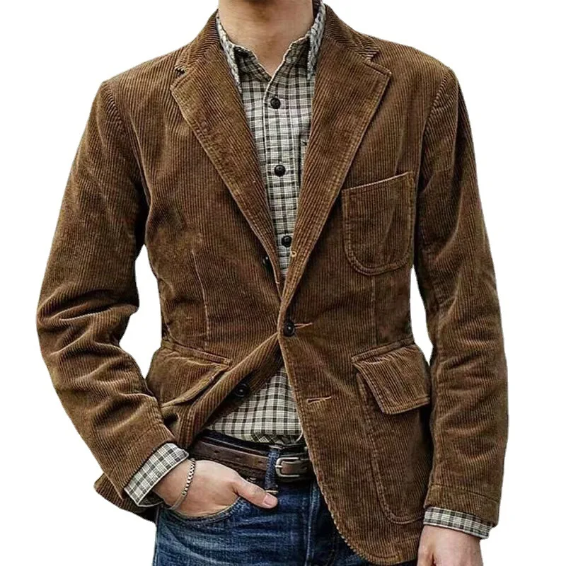 New2023 Autumn Winter Men's Coat Jackets Corduroy Casual Suits with Shoulder Pads Fashion Lapel Long-Sleeved Solid Jacket Models