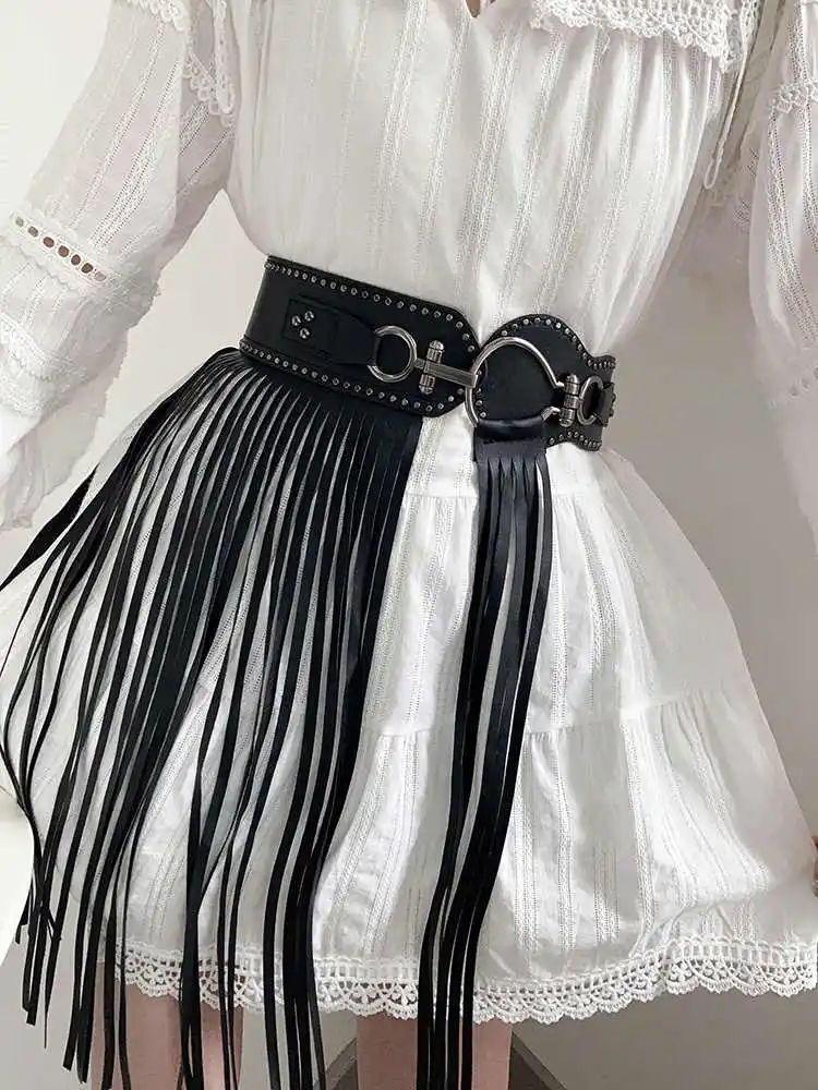 Euro-American punk style long tassel waist cincher women's individuality matching skirt wide waist belt subculture design sense womens dress belt pearl waist belt
