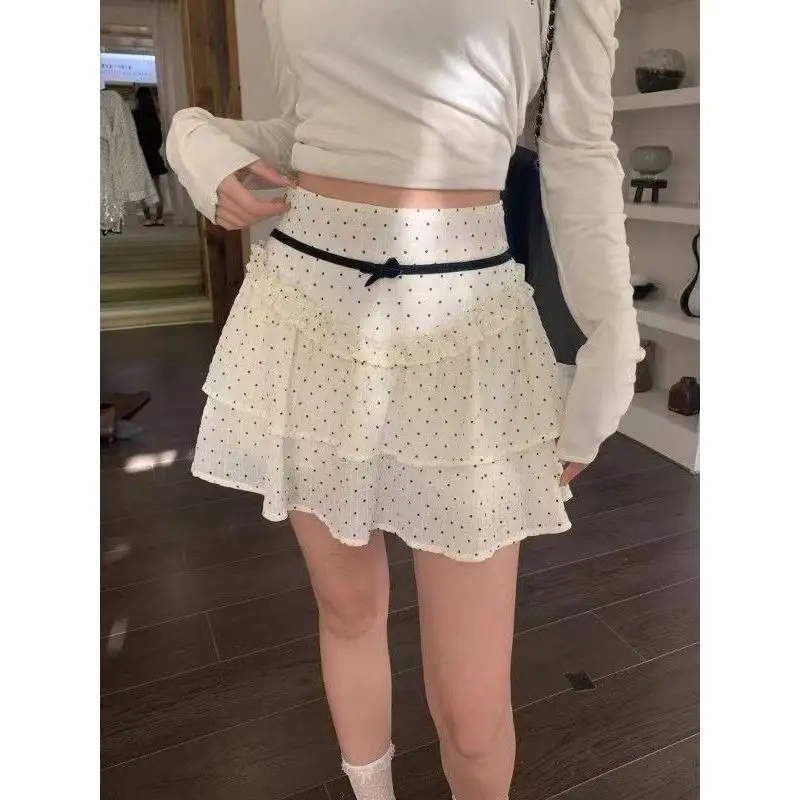 

Deeptown Ruffle Fairycore Women Mini Skirt Sweet Lace Bow Layered Patchwork Dot Short Skirts Elegant Cute Korean Style Skirt