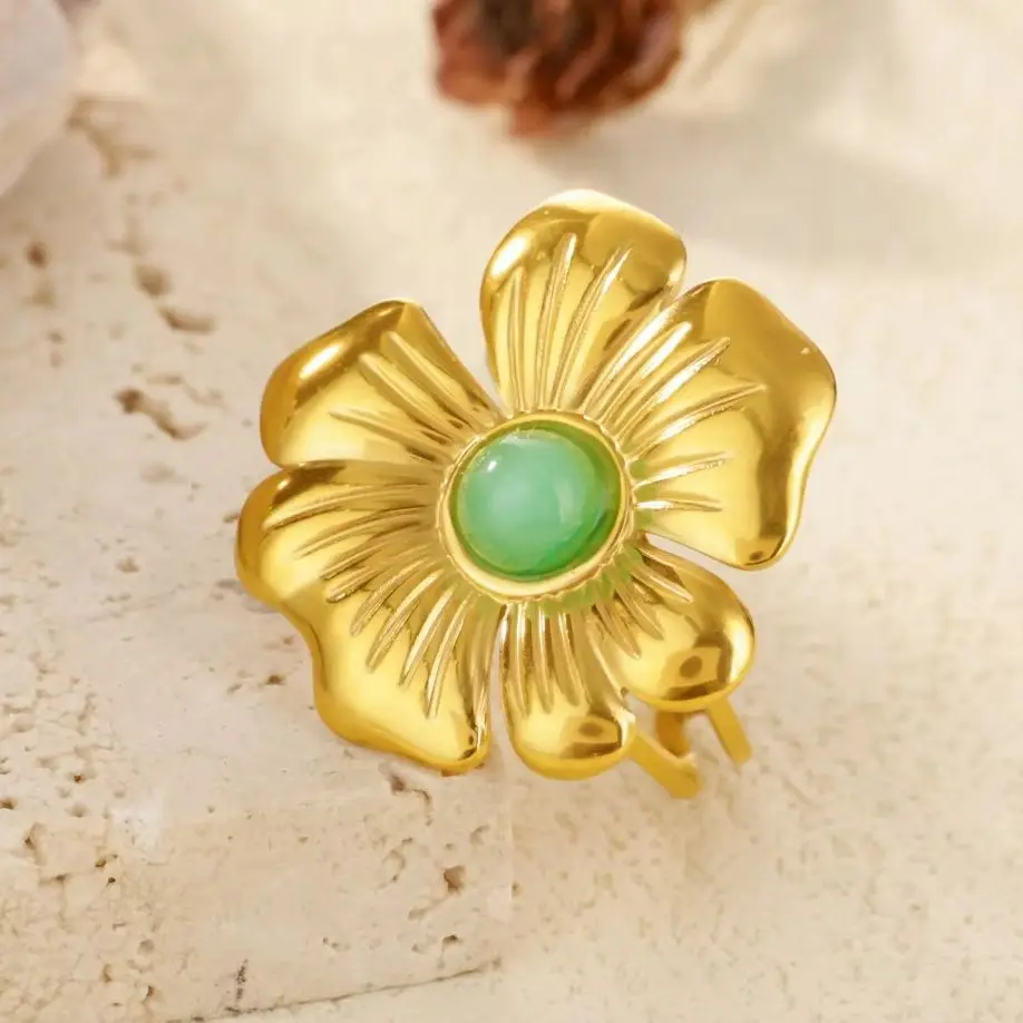 Elegant Natural Stone Flower Rings Gold Color Stainless Steel Geometric Opening