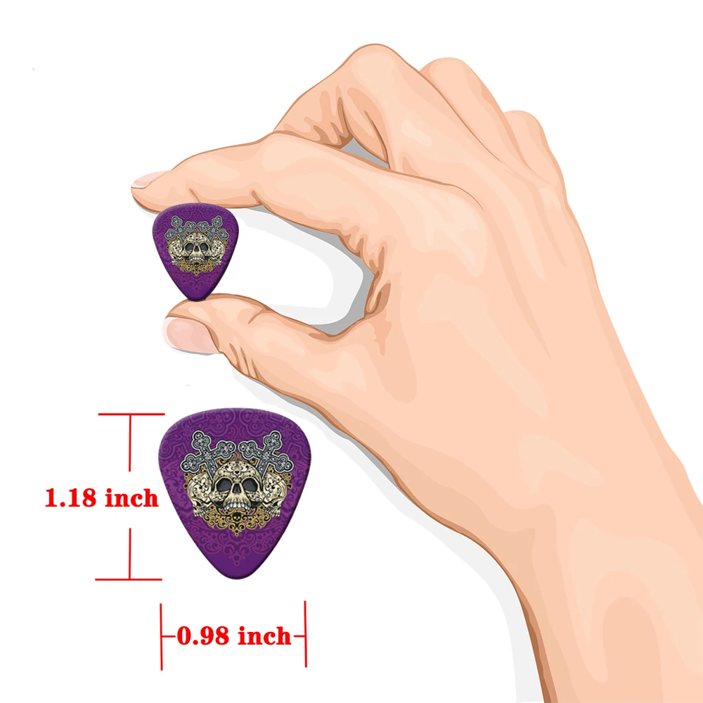 Guitar Picks 10Pcs/lot 0.71 0.46 1.0mm Thickness Cartoon Golden Skull Pattern Guitar Paddles Parts Accessories