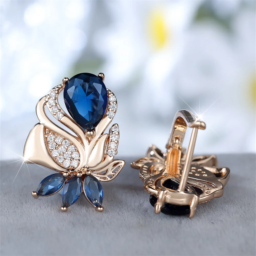 Cute Flower Blue Zircon Water Drop Stone Hoop Earrings For Women Vintage Gold Color Ear Buckle Wedding Jewelry Engagement Gifts