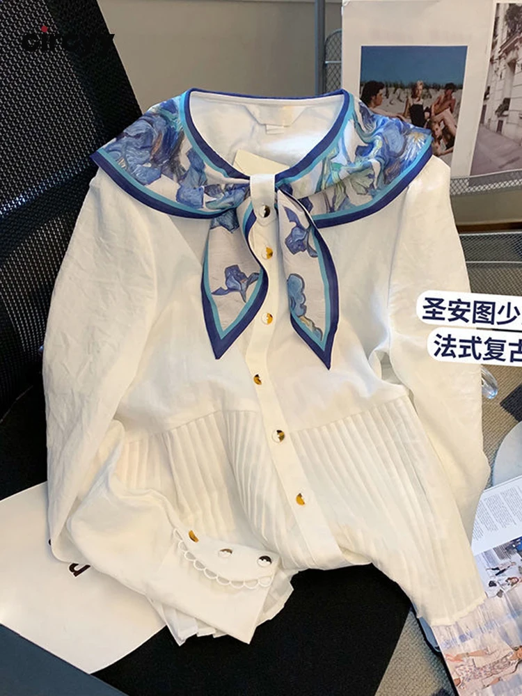 

Women Blouses French Vintage Print Floral White Tops Button Up Shirts Bow Peter Pan Collar Long Sleeve Casual 2023 Summer