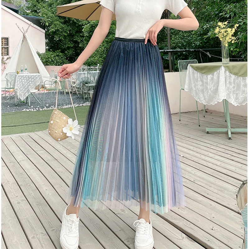 

Beautiful Gradient Tulle Long Skirt Women Fashion 2022 Spring Summer Korean A Line High Waist Pleated Skirt Female Lady