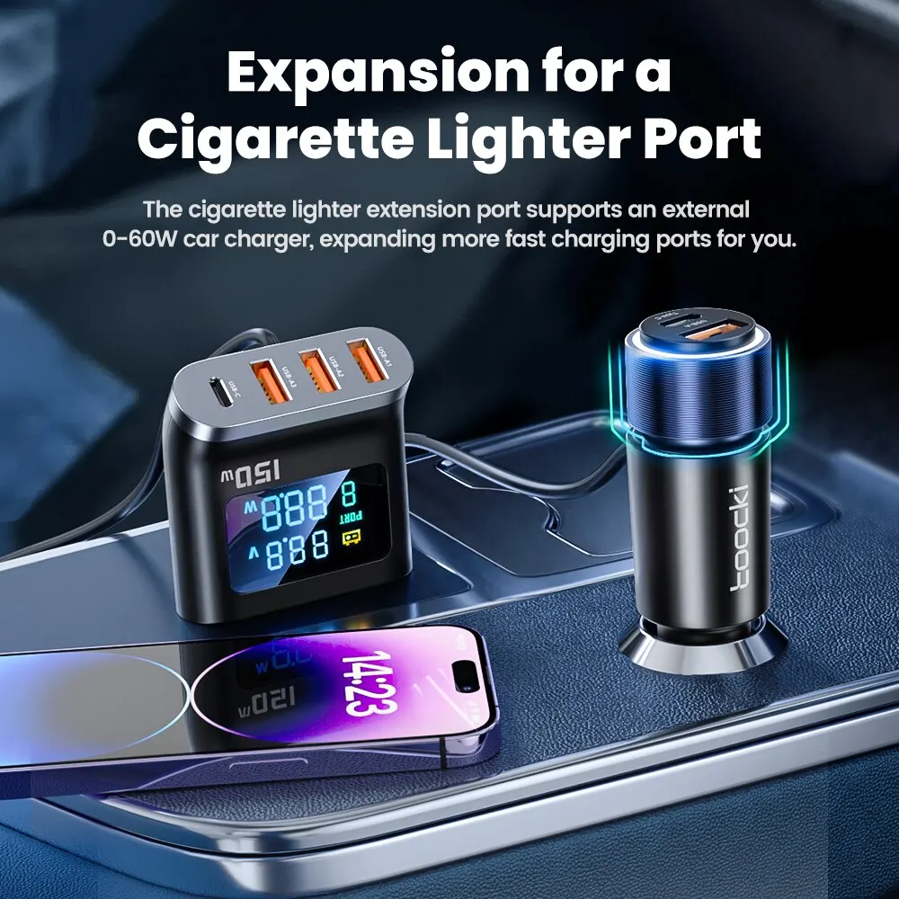 Car Charger 150W 5 in 1 Fast Charge USB Type C QC PD 3.0 Cigarette Lighter Splitter