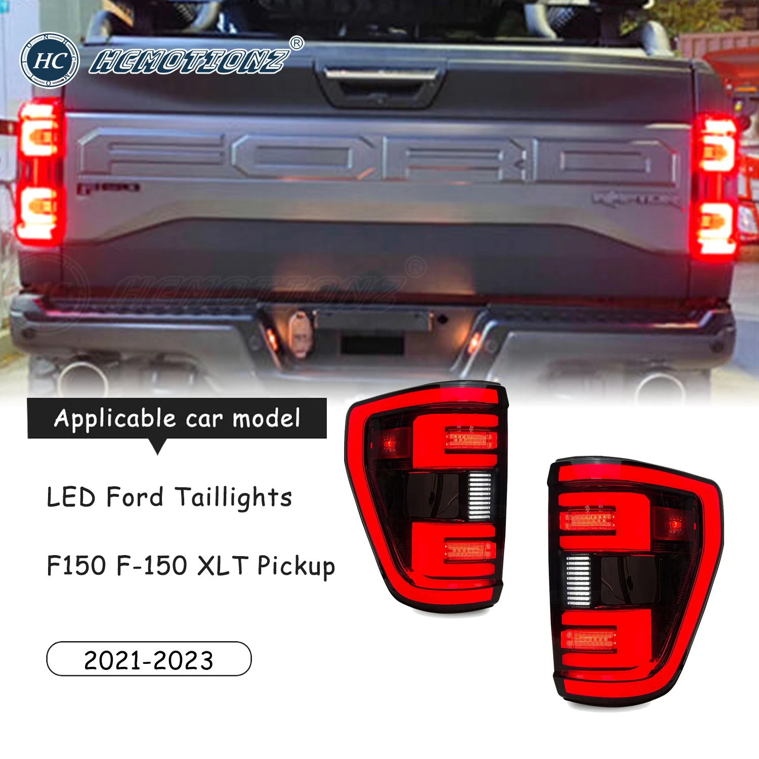 HCMOTIONZ LED Tail Lights for Ford F150 XLT 2021-2023 F-150 DRL Rear Lamps Assembly with Blind Spot Detector Pickup Replacement