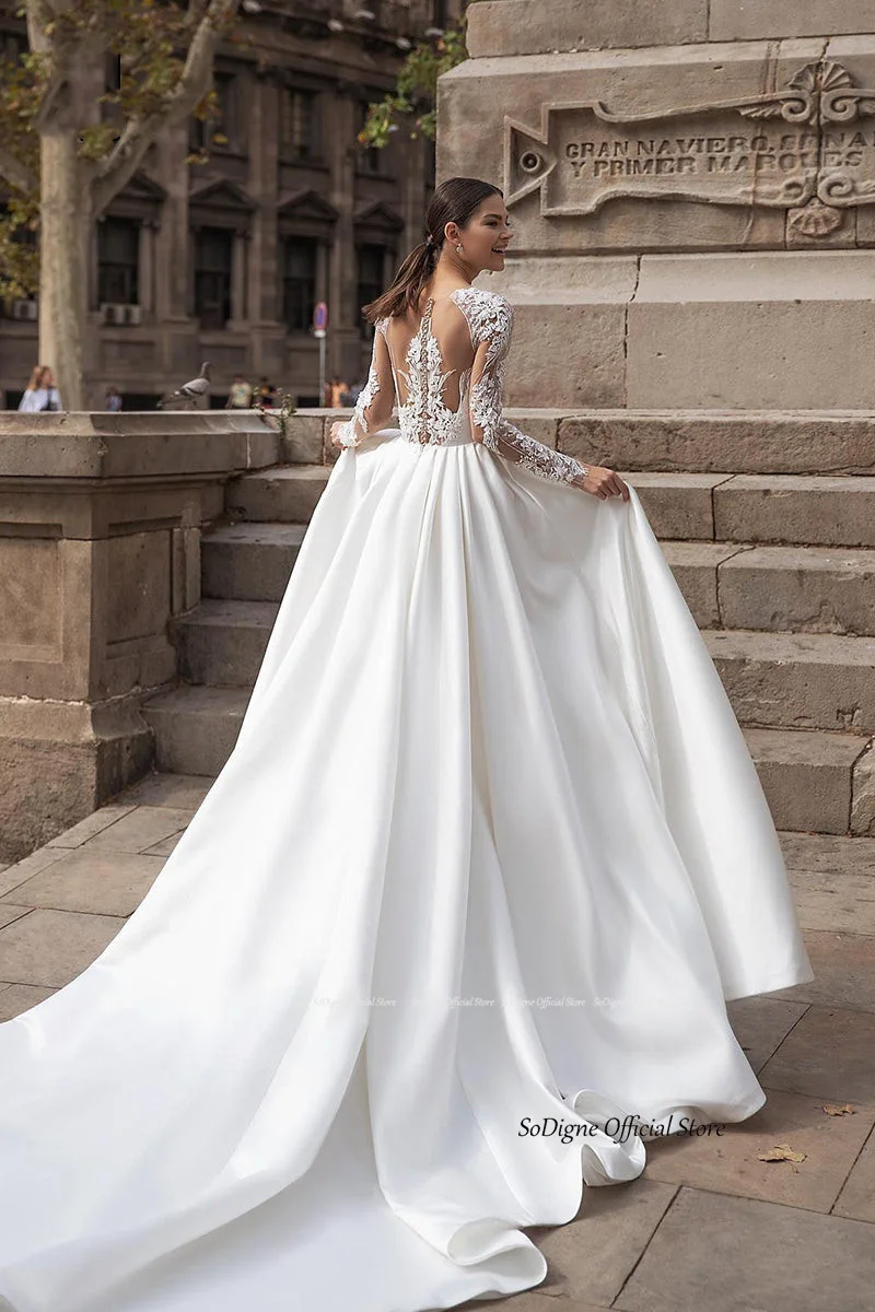 SoDigne A-line Satin Wedding Dresses O-neck Appliques Full Sleeves Bridal Dress Long Bride Gown vestidos de novia Customized 11 S62e0914988d34c6ebec3e1a30b086e29r