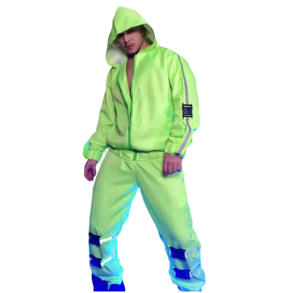 

Bar Nightclub Men's Rock Hip Hop Dance 2-piece Set Fluorescent Green Loose Hooded Jacket Pants Outfit Singer Dancer Show Costume