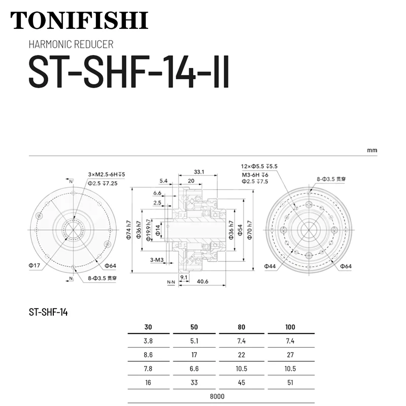 하모닉 드라이브 SHF-14-XXX-II 정밀 하모닉 감속기 수평형 중공형 감속기