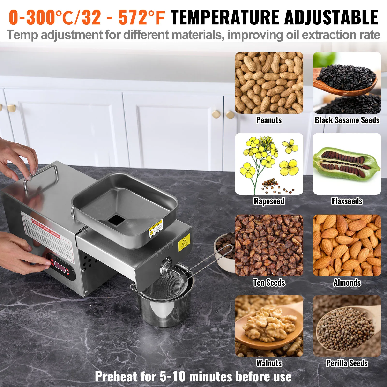 SucceBuy 850W Stainless Steel Oil Extractor Machine Adjustable Temperature Hot Press Oil Expeller