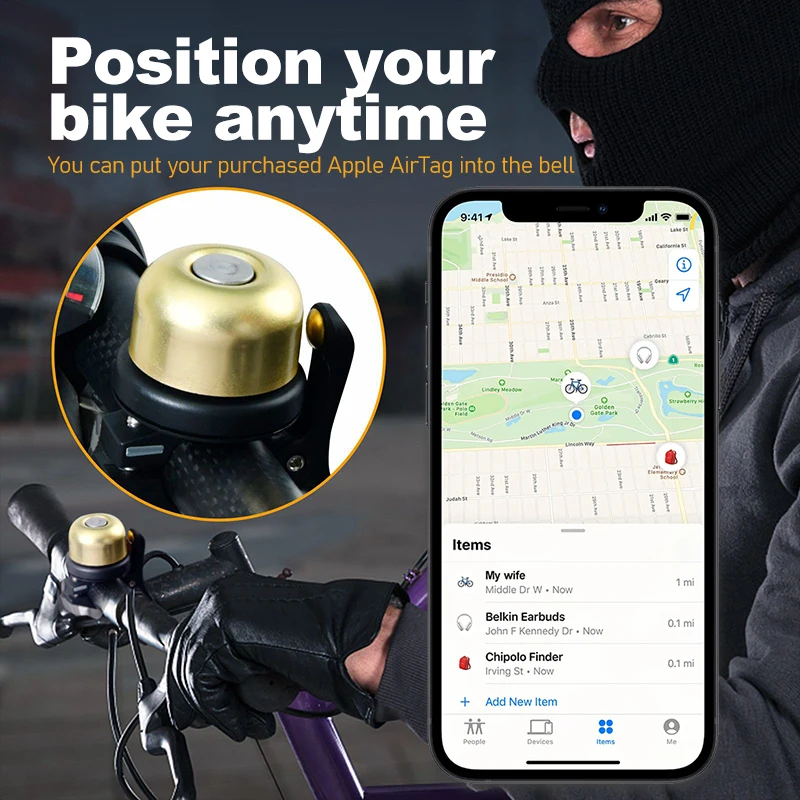 Bicycle Bell Classic Brass Bike Bell Apple AirTag Case Waterproof Bike Mount Bicycle Bell Air Tag GPS Tracker Under Holder