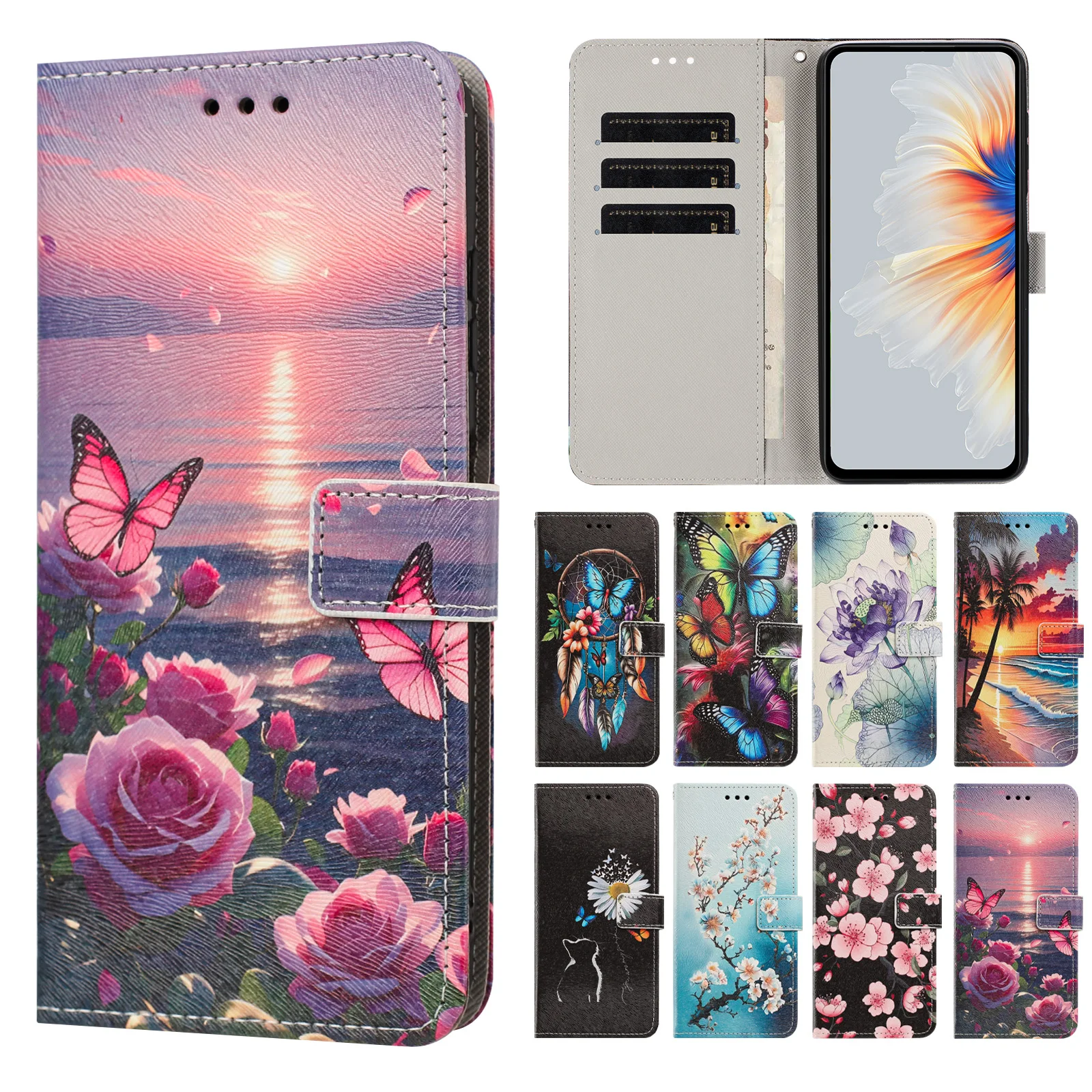 3D Flower Leather Flip Phone Case with Strap