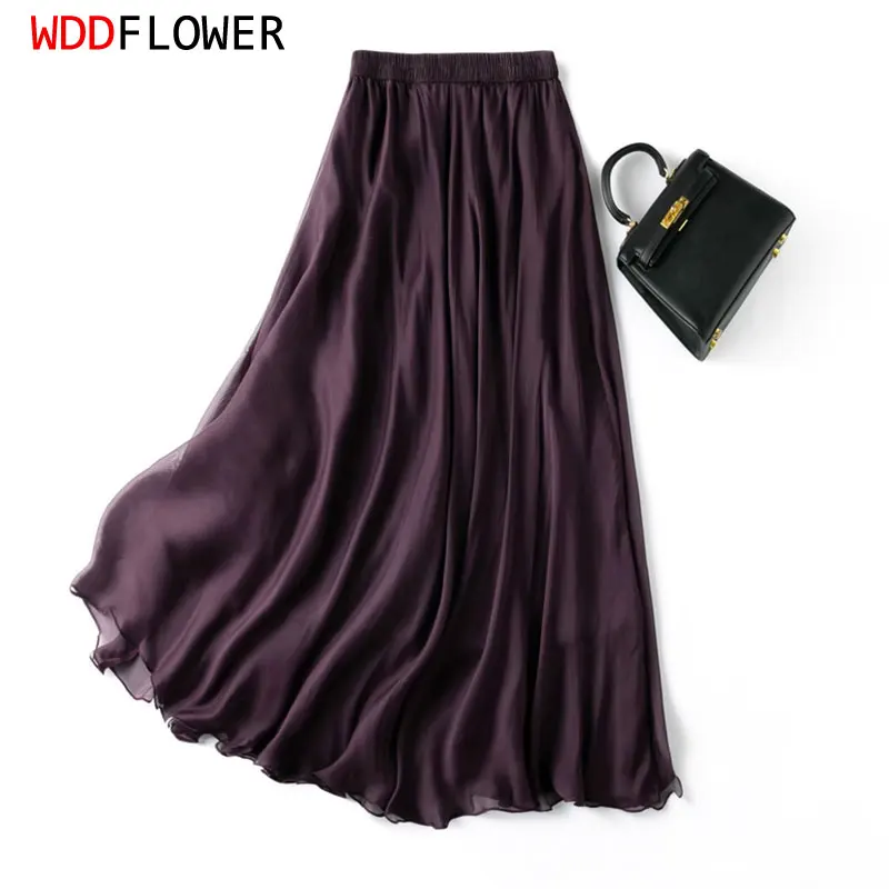 Women Silk Skirt 100% Mulberry Silk Purple With Double Lining Summer Beach Elastic Waist Vacation Skirts Office Lady Party MM795 1