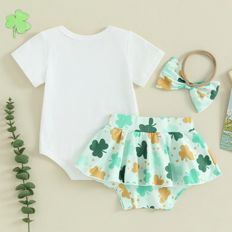 

St Patricks Day Baby Girl Outfit Letter Print Short Sleeve Romper Clover Print Shorts Headband 3Pcs Summer Clothes