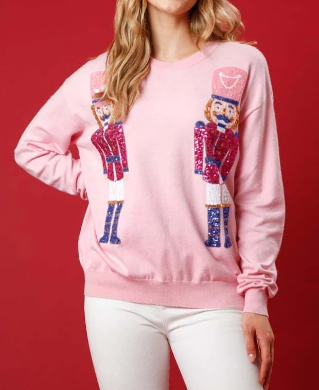 thumbnail image 1 of Suéter para mujer, suéter de cuello redondo con cascanueces y lentejuelas navideñas, remera con gráfico festivo, suéter de manga larga con cuello redondo, 1 of 4