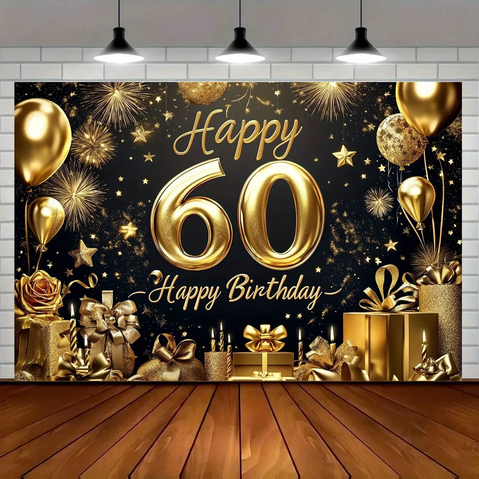 Ein ewiges goldenes Hintergrundbanner zum 60. Geburtstag – goldenes und schwarzes Thema, leuchtende Sterne, Luftballons und Geschenkbox-Design
