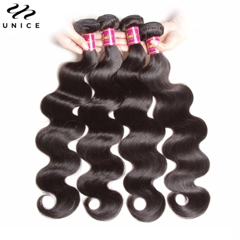 UNICE Body Wave Human Hair Bundles 4Pcs/Pack Natural Color Virgin Hair Bundles Traditional Sew-In Weft 250% Full Density Wig
