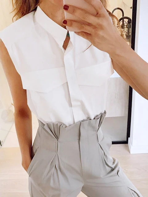 Chicever Women's Shirts Lapel Collar Sleeveless Casual Loose Plus Size  Blouses Female Korean Minimalist Fashion Summer 2020 - Women Shirt -  AliExpress