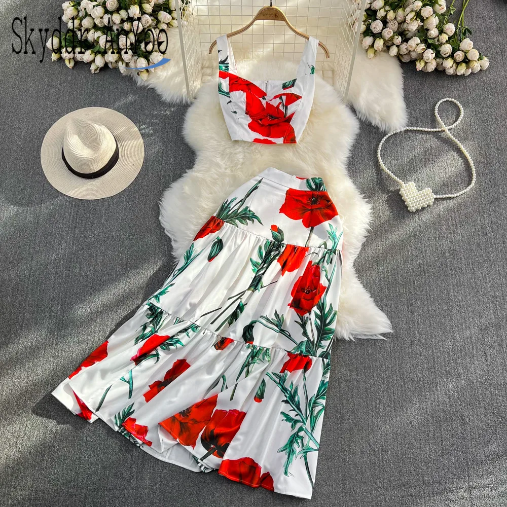

Fashion Women's Summer Suit Beach Holiday Two Piece Set Outfit 2023 Printed Sexy Cropped Top And High Waist Maxi Long Skirts Set