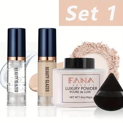 Ultimate 4 - Piece Travel Makeup Set: Foundation, Primer, Loose Powder, Beauty Sponge - Oil - Control, Moisturizing, Long - Lasting & Waterproof (SET 1)
