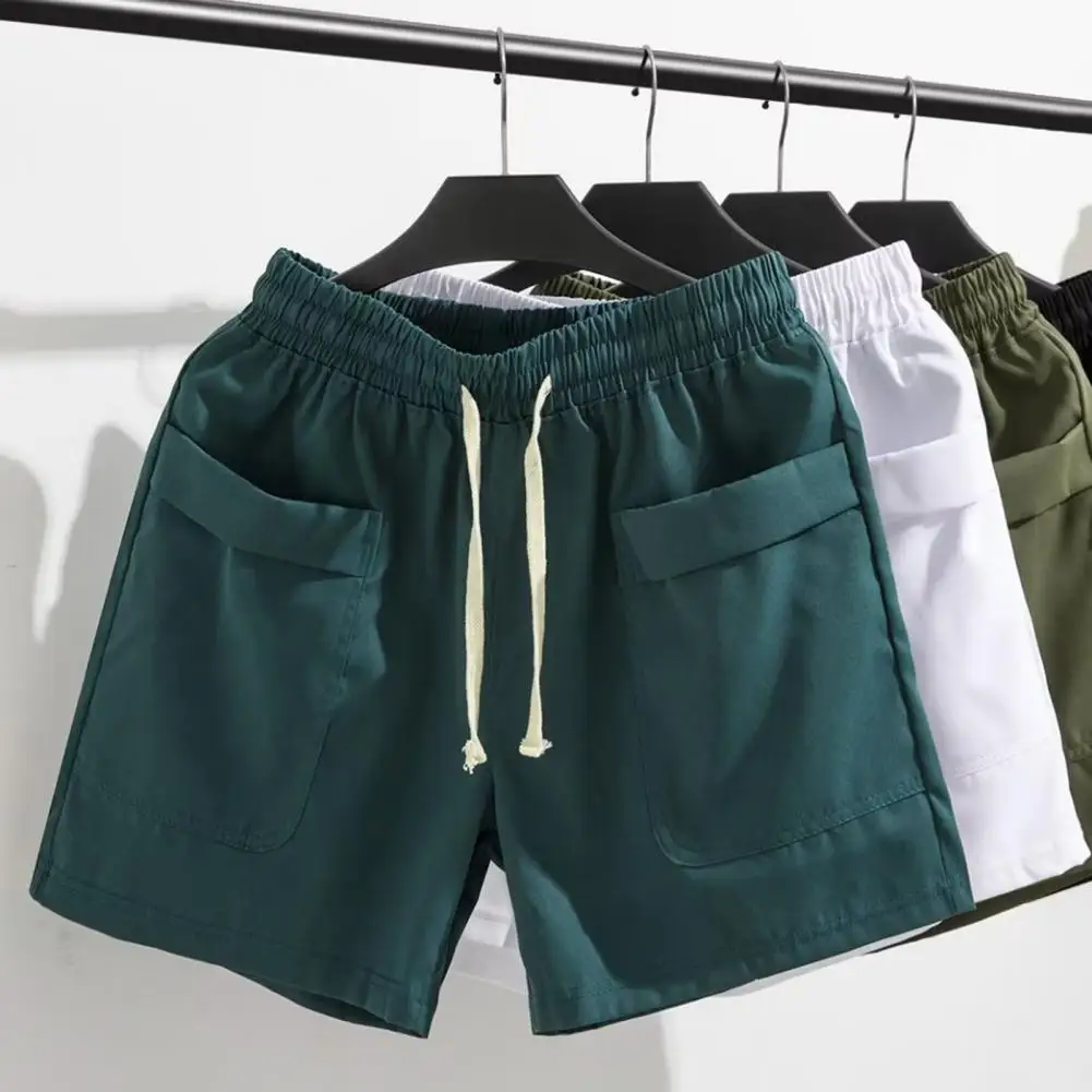 

Elastic Waistband Shorts Men's Elastic Drawstring Waist Casual Shorts with Pockets Solid Color Wide Leg Beach Shorts for Summer