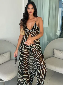 2026 Women Chic Vacation Outfits Fashion Zebra Print Sheer Chiffon Pants Set Casual V-neck Maxi Slip Tank Top & Wide-leg Pants 1