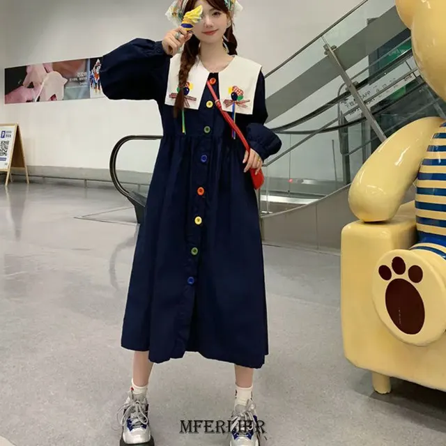 플러스 사이즈 빅 칼라 긴 소매 캐주얼 긴 원피스