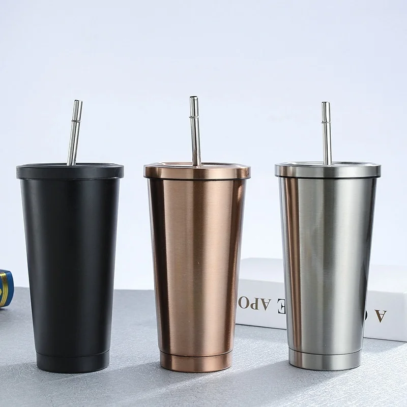 500ml Stainless Steel Coffee Mug With Lid Beer Practical Tea Cup Metal Cup Drink Straw Travel Cups Home Portable Water Bottle