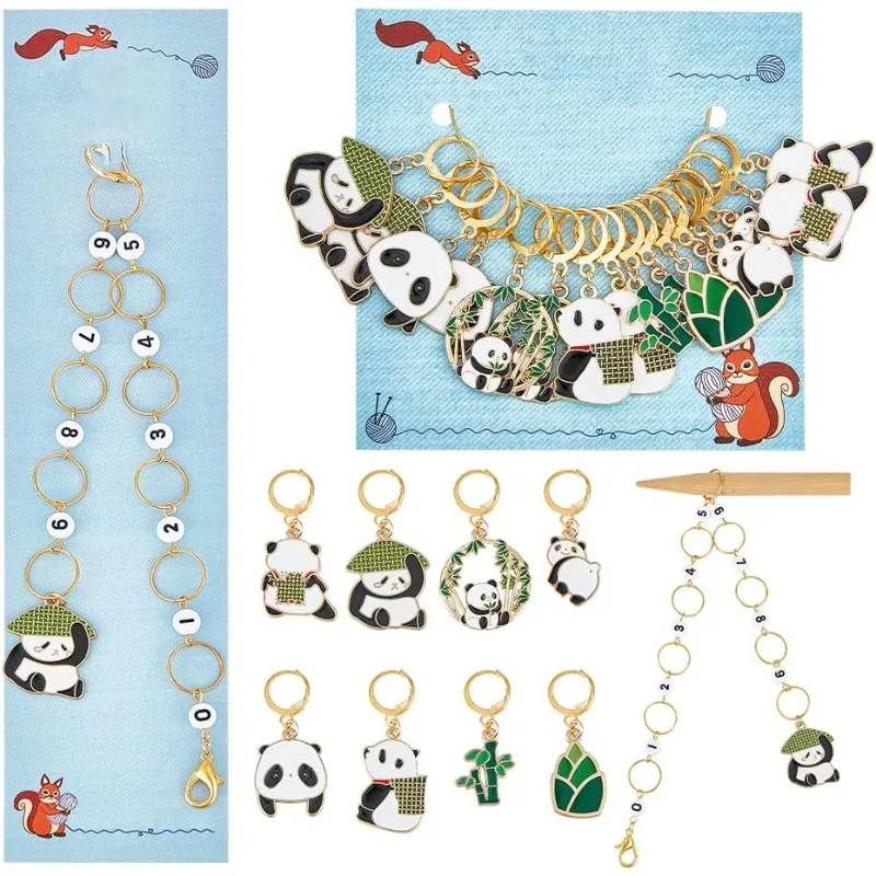 1 Pcs Panda Knitting Row Counter Chains and 16 Pcs Panda Stitch Markers Alloy Enamel Stitch Marker for Knitting Weaving Sewing