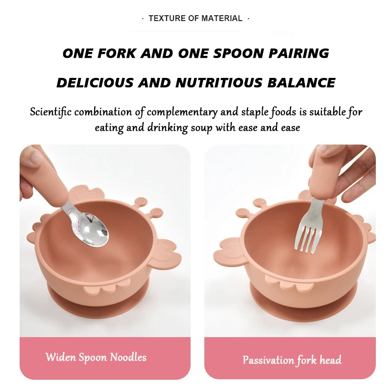 4Pcs/Set Baby Safe Silicone Dining Plate Cartoon Crab Bowl And Stainless steel Fork Spoon Children Fall Prevention Tableware Set 3