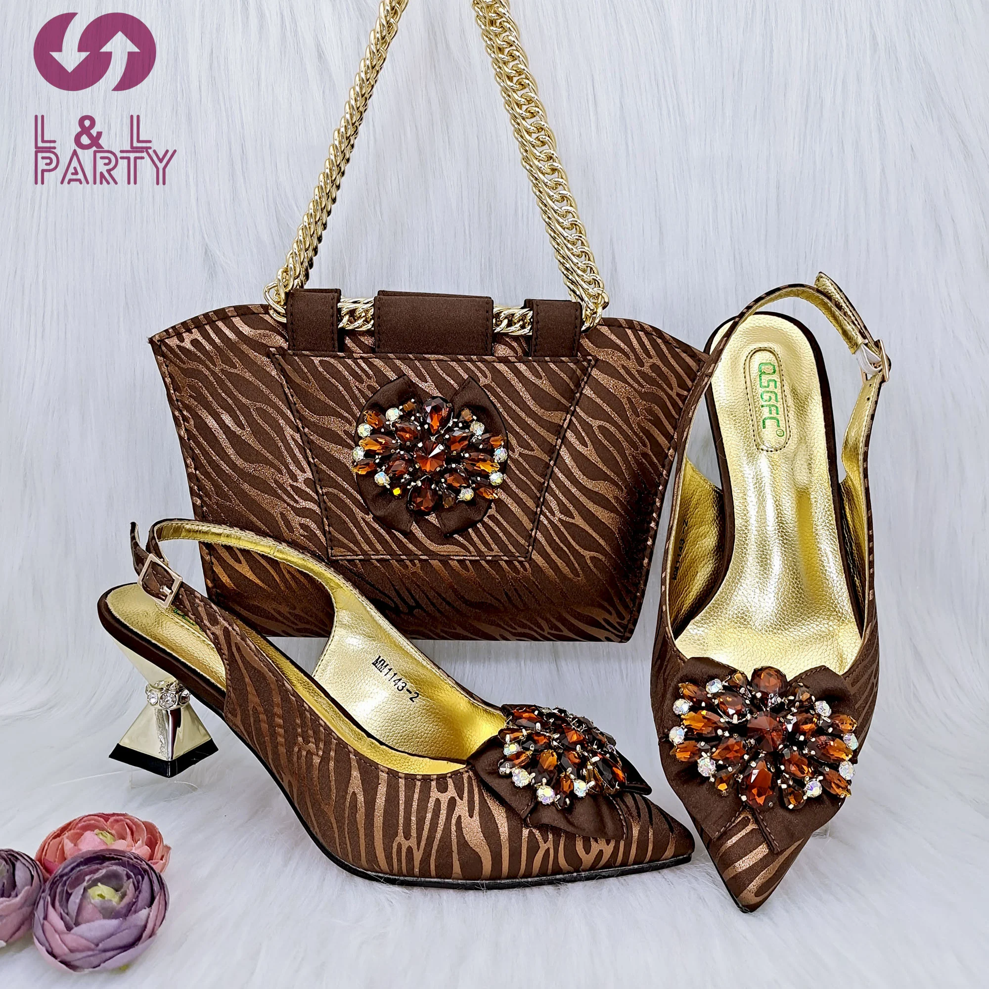 

2023 New Arrivals Special Design Coffee Color African Women Shoes and Bag Set Pointed Toe Pumps for Wedding Party