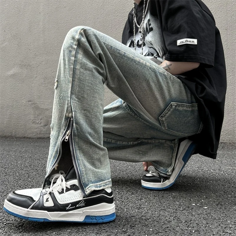 

Washed Retro Ripped Jeans Men's Slim Fit Straight High Street Men’s Vibe Fashion Beggar Pants Casual Zipper Streetwear Trousers