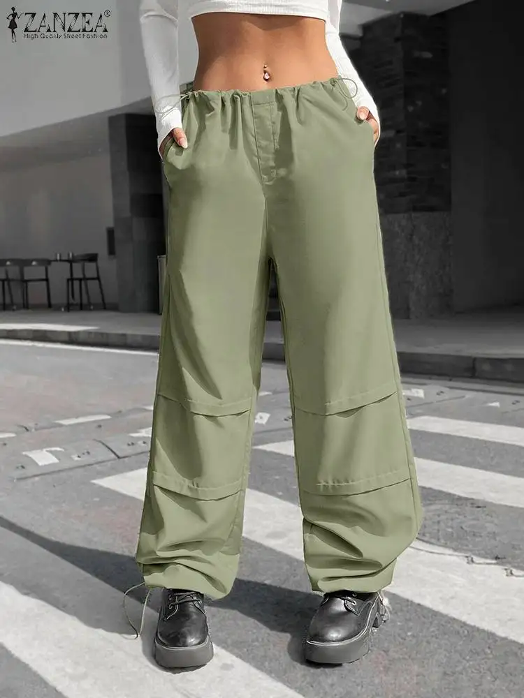 

Женские модные брюки ZANZEA, летние брюки-карго на завязках, стильные уличные брюки с широкими штанинами, универсальные брюки большого размера, 2023