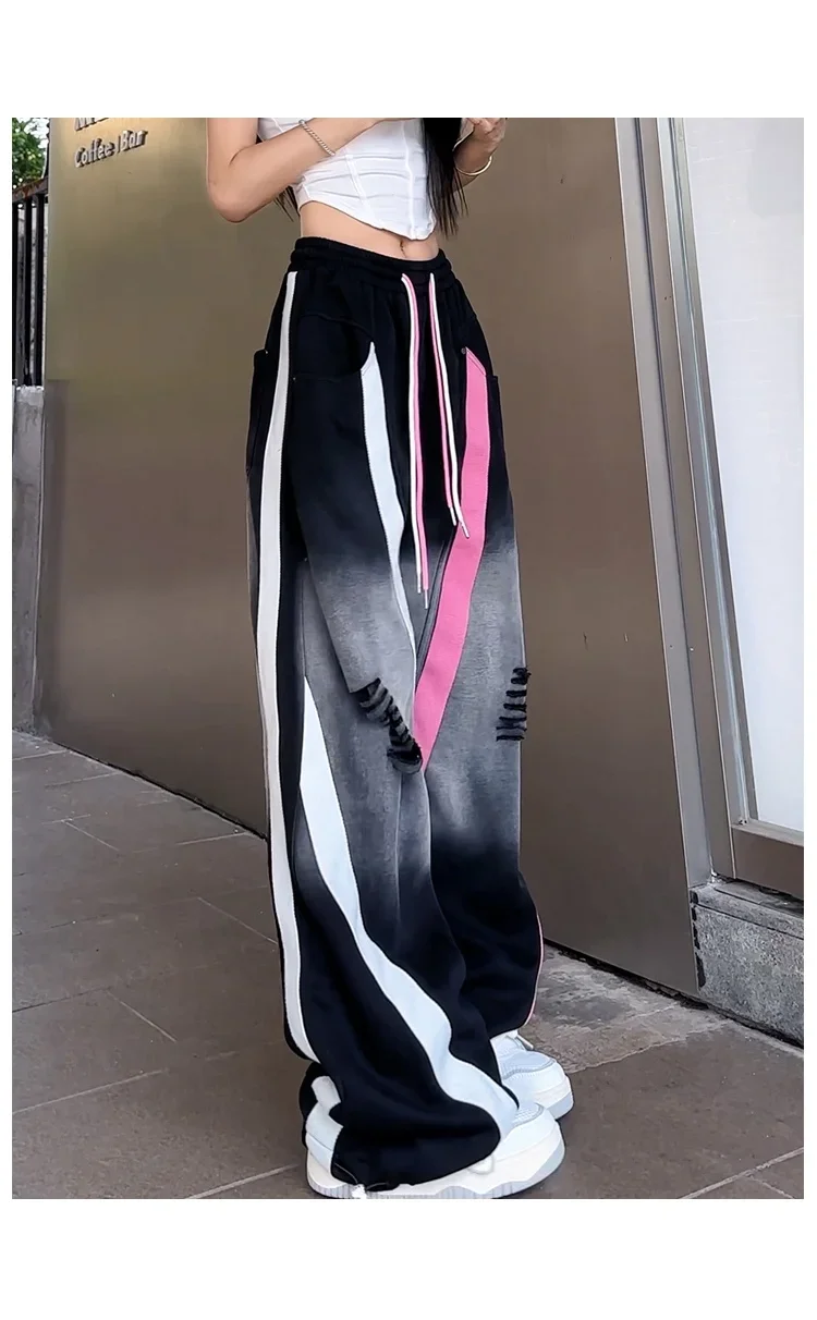 2024 Female Personalized Street Dance Hip Hop Wide Legs Color Blocking Small Crowd Loose and Slim Sports Tight Casual Pants