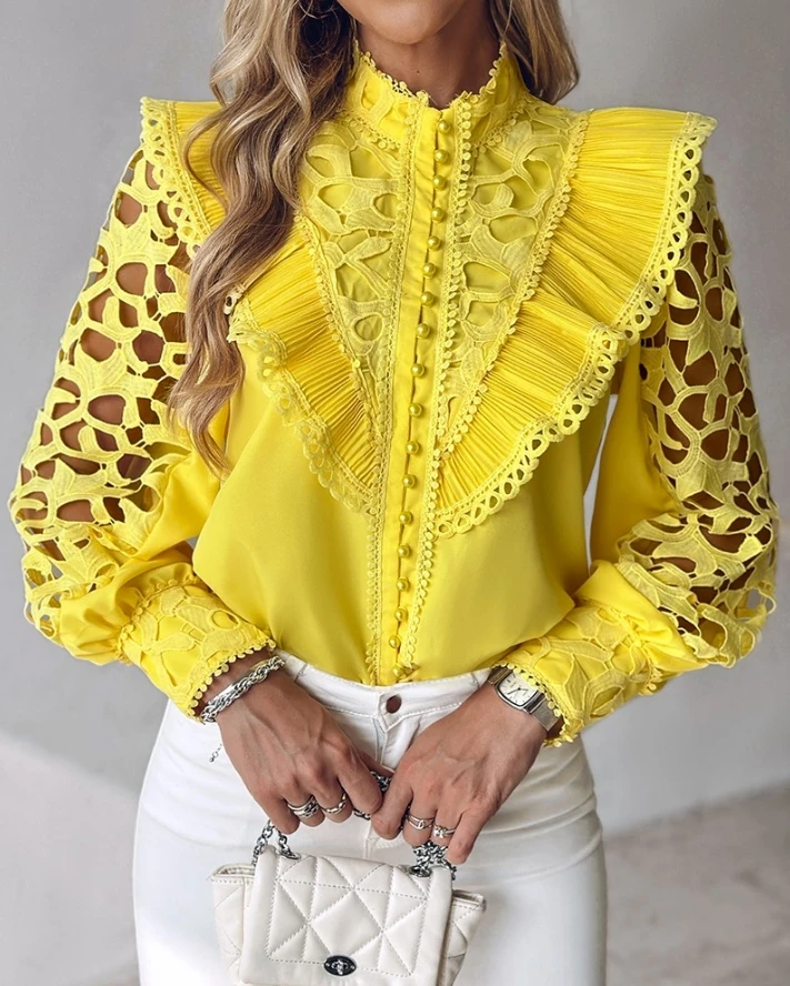 

Fashion Woman Blouse 2024 Spring Contrast Lace Hollow Out Ruffles Casual Stand Collar Plain Long Sleeve Button Daily Shirt Top