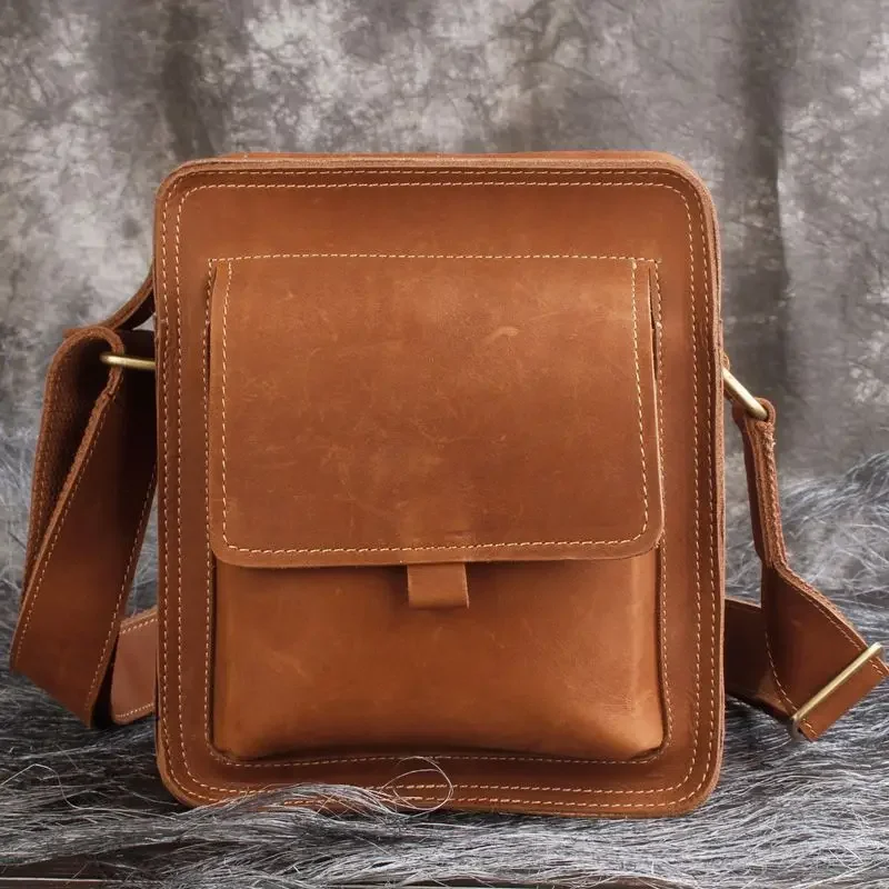 

Men's Thick Cowhide Vintage Solid Color Crossbody Bag Top Layer Crazy Horse Leather Car Sewing Casual Computer Shoulder Bag
