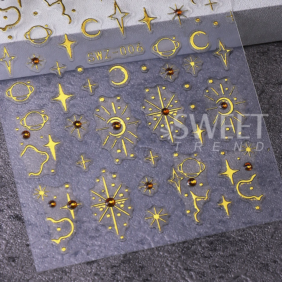 2pcs Bronzing Nail Art Stickers With Rhinestone Star Moon Planet Bohemian Adhesive Slider Nail Decals DIY Manicure Decoration