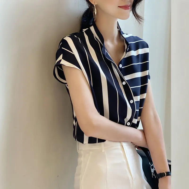 Summer Fashion Short Sleeve Striped Printed Shirt Ladies Loose Casual All-match New Chiffon Blouse Women Top Female Clothes