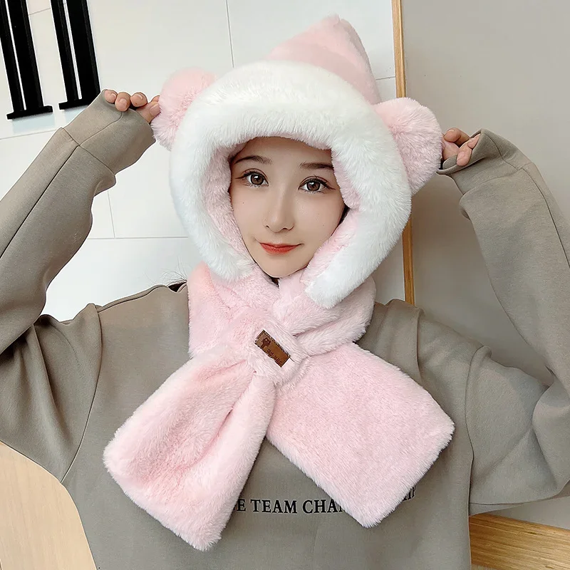 

Зимняя теплая шапка с милыми медвежьими ушками 2023, плюшевый шарф, уличные ветрозащитные велосипедные женские шапки, шапки, аксессуары, наборы перчаток