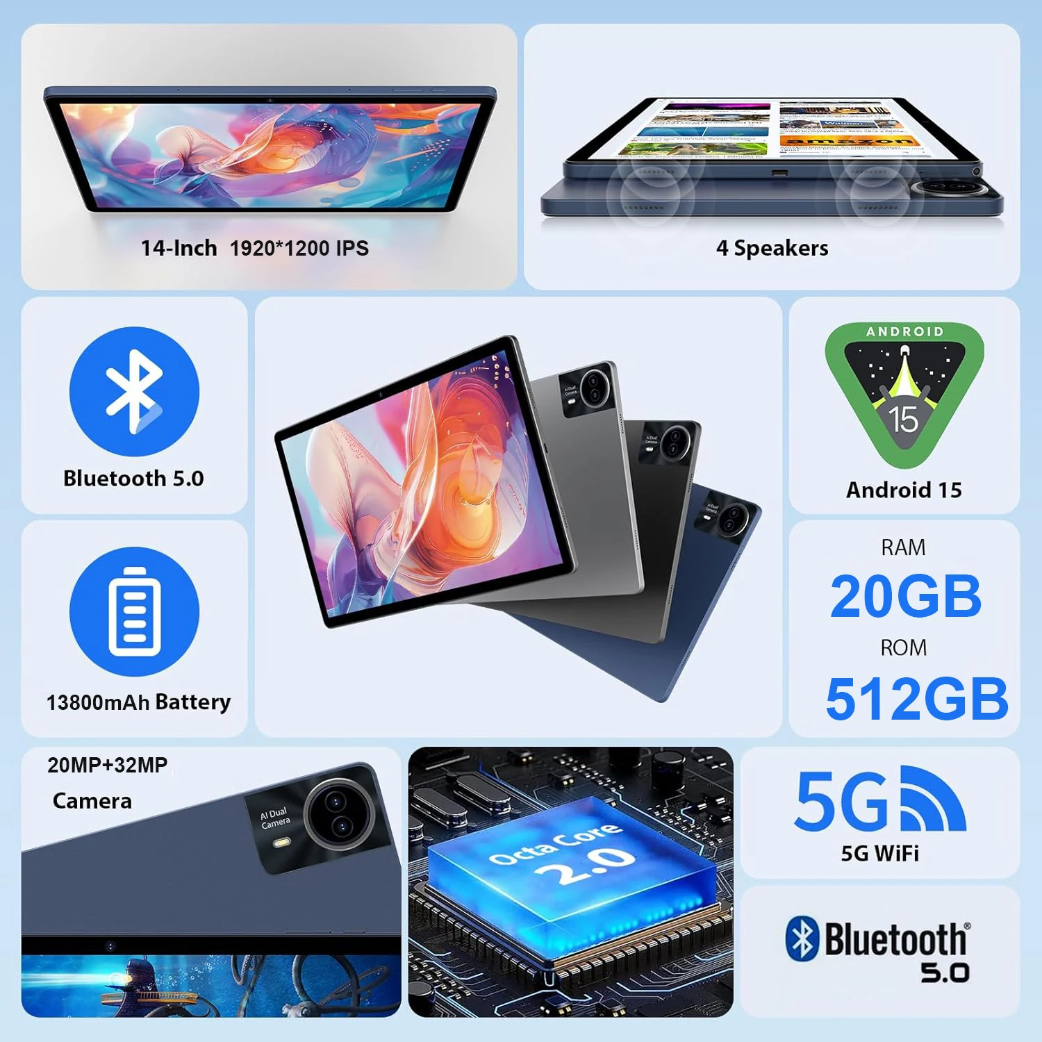 초대형 화면 14인치 글로벌 버전 안드로이드 15 태블릿 PC 전화 통화 가능 20GB 512GB 5G WiFi GPS 구글 플레이 탭 패드