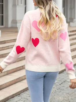 Women s Heart Print Sweaters Long Sleeve Round Neck Loose Pullovers Valentine’s Day Knit Tops 2
