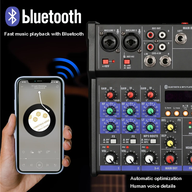 Audio DJ Mixer 4 Channels Console Wireless Microphone Sound Bluetooth Karaoke Recording Table Professional Audio Mixing Console