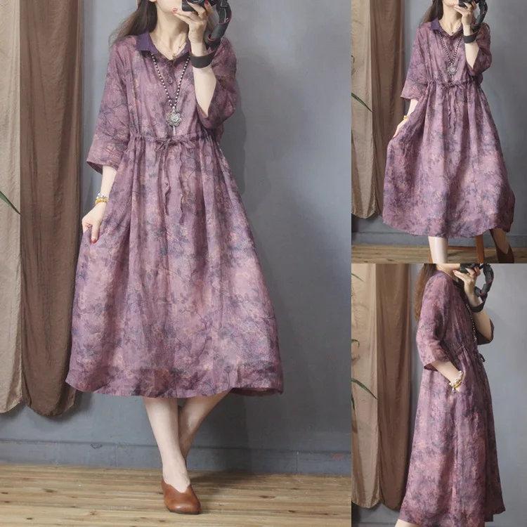 

2023 Summer New Casual Simple Retro Purple POLO Collar Waist Temperament Versatile Loose slimming women Long dress Free Shipping