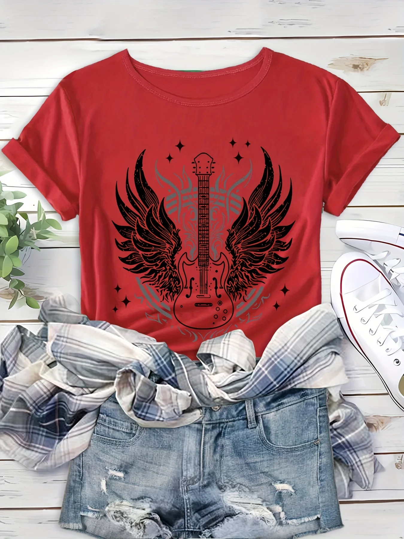 

Wings And Guitar Print Casual Sports T-shirt, Round Neck Workout Short Sleeves Tops, Women's Activewear