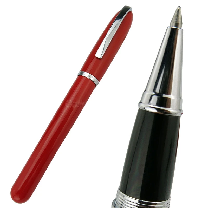 Baoer 516 Metal Bright Red Roller Ball Pen Silver Trim Refillable Office School Writing Accessory