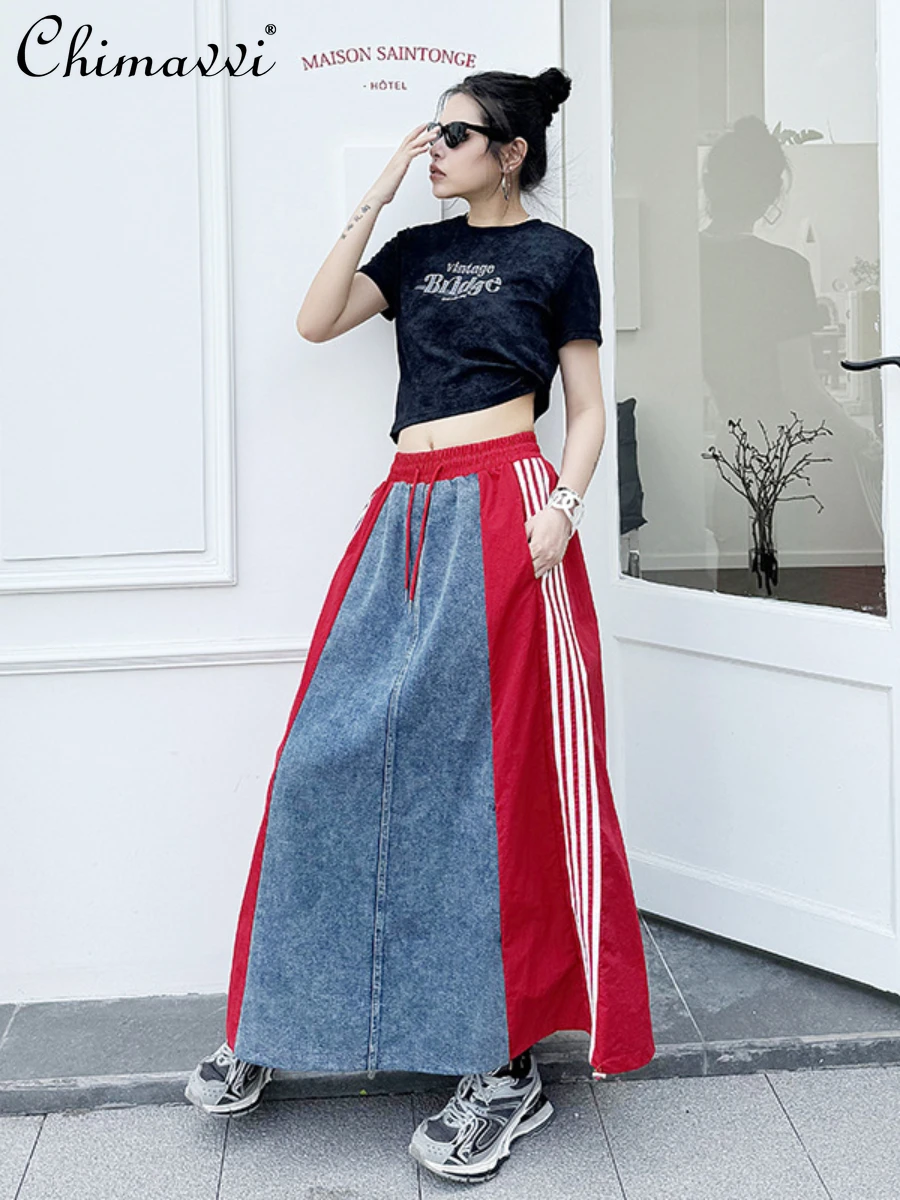 Retro Denim Patchwork Sweatshirt Skirts Women 2024 Summer Clothes New Loose Fashion Casual Striped Mid-length A- Line Skirt tankinis summer vibes striped drawstring halter tankini set in multicolor size l m s