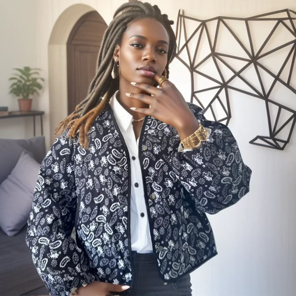 Women's Print Coat Quilted Reversible Long Sleeve Quilted Patchwork Jackets Single Breasted Autumn Vintage Streetwear